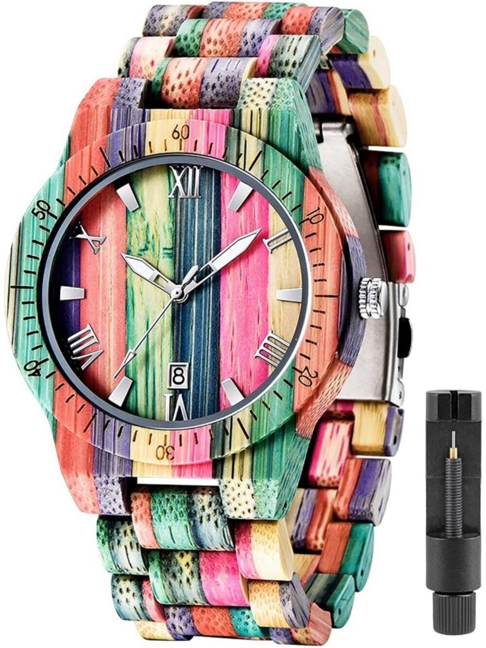 Men's Multi Color Classic Handmade Round Bamboo Analog Date Quartz Wooden Watch